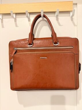Women’s or Men's Cognac Leather Briefcase with Silver Accents